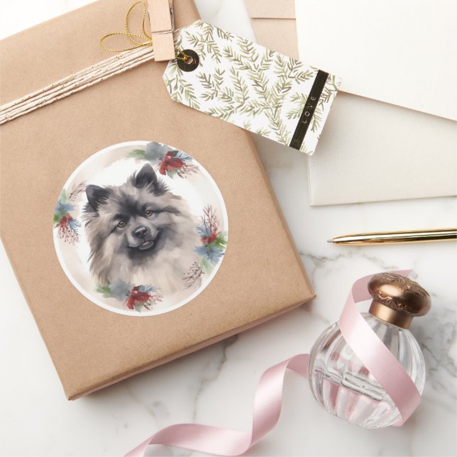 Pegatina Redonda Navidades de Keeshond Wreath Festive Pup (Regalar)