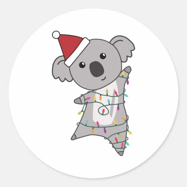 Pegatina Redonda Navidades de Koala Luces de Hada Animales Cuidados (Anverso)