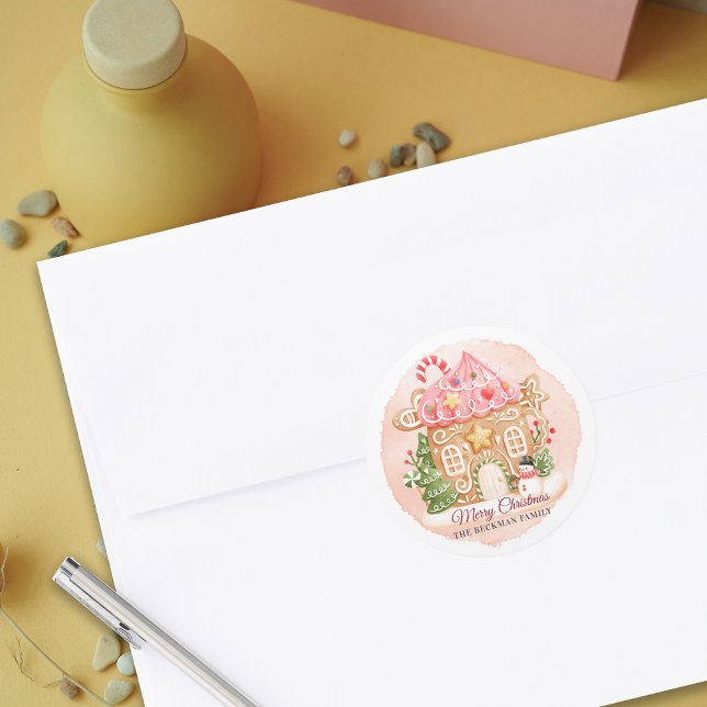 Pegatina Redonda Navidades de la casa Gingerbread de la acuarela di (Fun Watercolor Gingerbread House Christmas Classic Round Sticker)