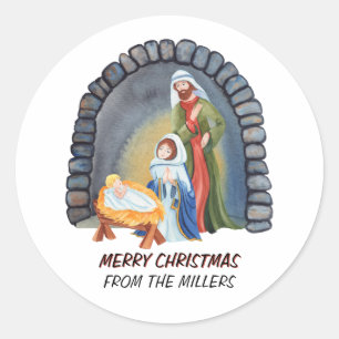 Pegatina Redonda Navidades de la escena de Natividad Personalizada