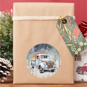 Pegatina Redonda Navidades de la escena invernal de Camión Blanco
