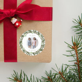 Pegatina Redonda Navidades de la guirnalda de invierno de muy merry