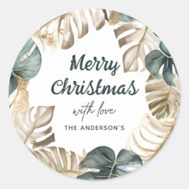 Pegatina Redonda Navidades de la guirnalda tropical verde y oro