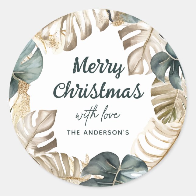 Pegatina Redonda Navidades de la guirnalda tropical verde y oro (Anverso)