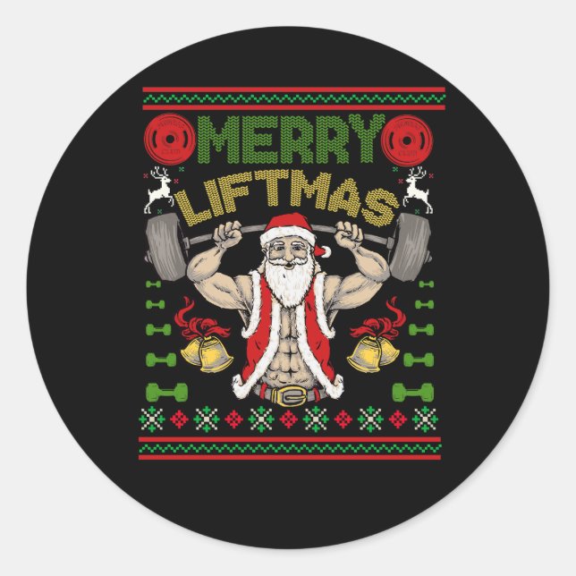 Pegatina Redonda Navidades de la navidad Santa Gym Fitness Weightli (Anverso)