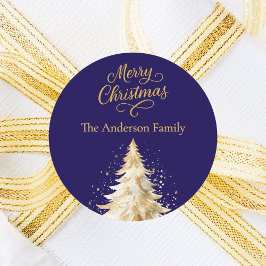 Pegatina Redonda Navidades de la nieve del árbol blanco azul