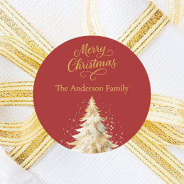 Pegatina Redonda Navidades de la nieve del árbol de oro rojo