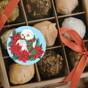 Pegatina Redonda Navidades de la Poinsettias Rojas de Lechuza Nevad