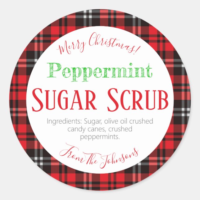 Pegatina Redonda Navidades de la Red Plaid Peppermint Azúcar Scrub  (Anverso)