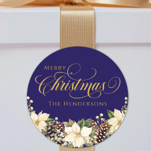 Pegatina Redonda Navidades de la tipografía de oro azul Poinsettia
