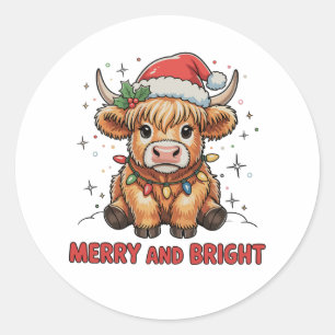 Pegatina Redonda Navidades de la vaca bebé maleza y maleza