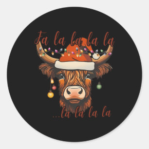 Pegatina Redonda Navidades de la vaca de Highland Falalala Xmas Hei