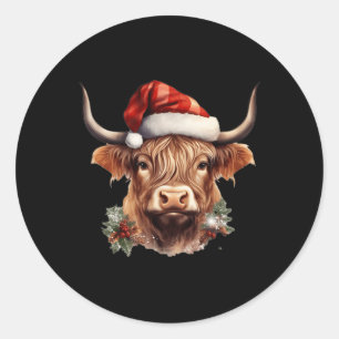 Pegatina Redonda Navidades de la vaca Highland Navidad Santa Wooly