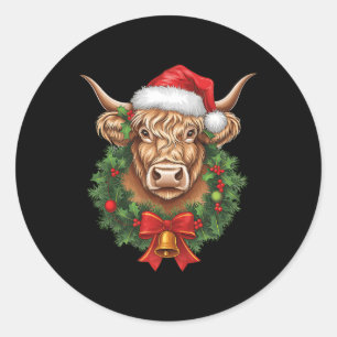 Pegatina Redonda Navidades de la vaca Highland Navidad Santa Wooly 