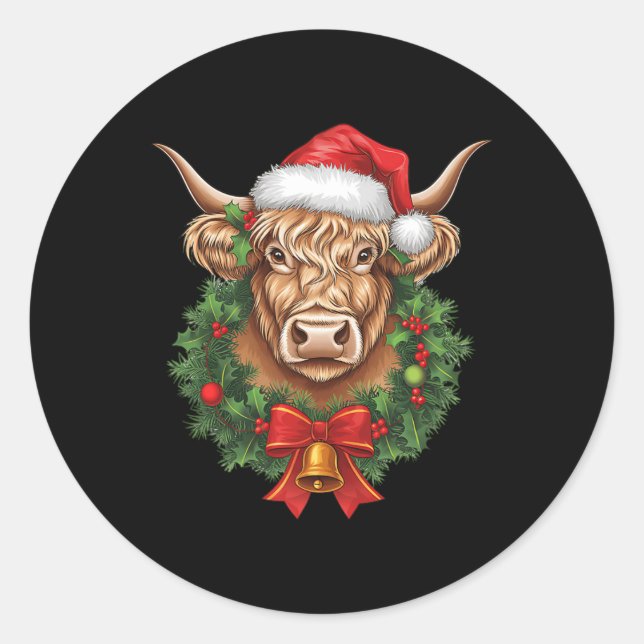 Pegatina Redonda Navidades de la vaca Highland Navidad Santa Wooly  (Anverso)