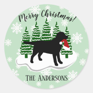 Pegatina Redonda Navidades de Labrador Negro: copos de nieve evergr