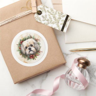Pegatina Redonda Navidades de Lhasa Apso Wreath Festimes Pup