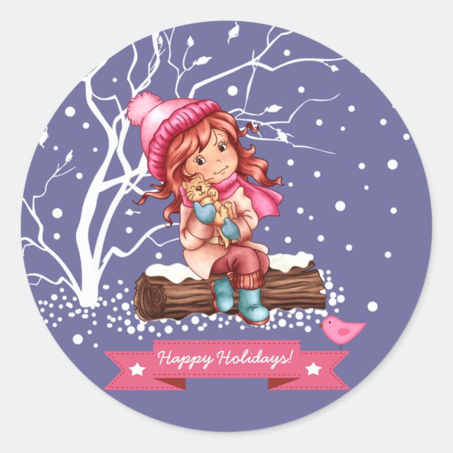 Pegatina Redonda Navidades de Little Girl y Kitty (Anverso)
