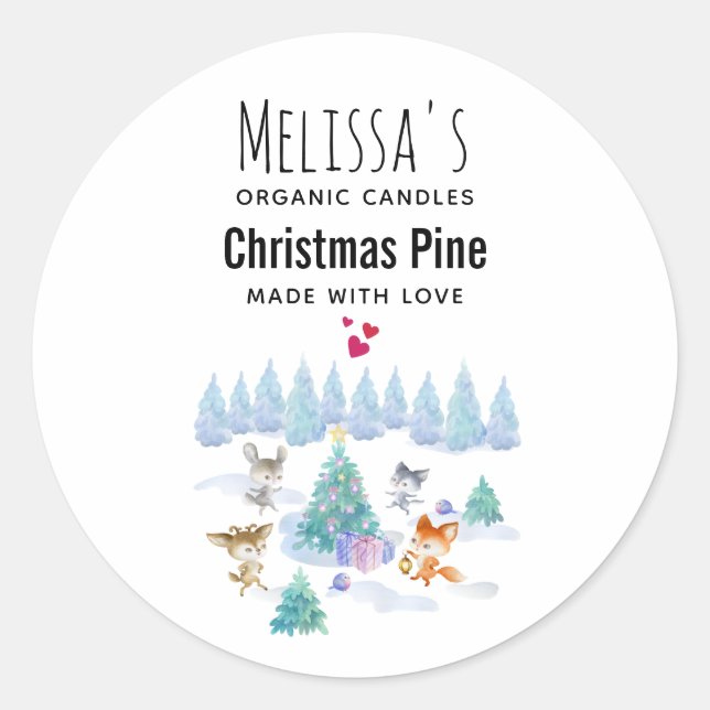 Pegatina Redonda Navidades de los animales del bosque bailando Vela (Anverso)