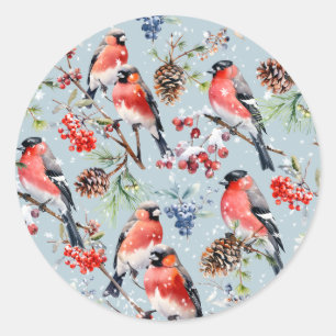 Pegatina Redonda Navidades de los Bullfinch Rojos Birries Berries &