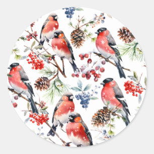 Pegatina Redonda Navidades de los Bullfinch Rojos Birries Berries &