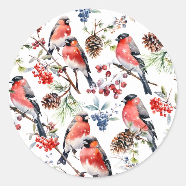 Pegatina Redonda Navidades de los Bullfinch Rojos Birries Berries & (Anverso)