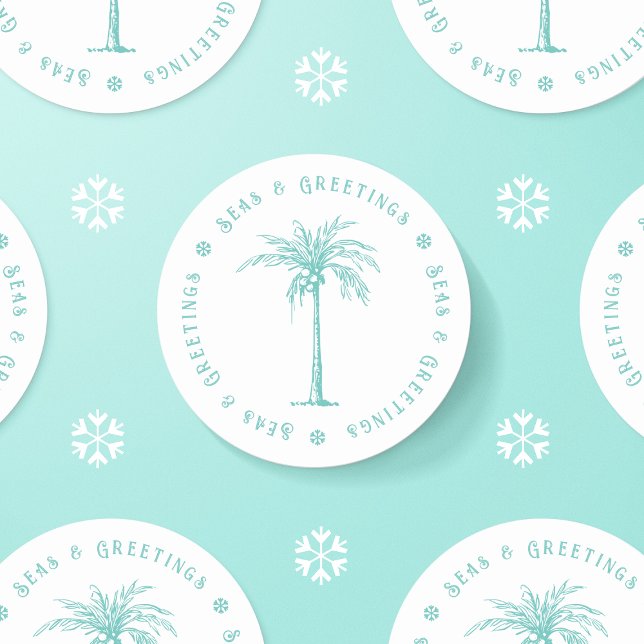 Pegatina Redonda Navidades de los Mares Tropicales de Palmeras y Sa (Tropical Palm Tree Seas and Greetings Christmas Classic Round Stickers)