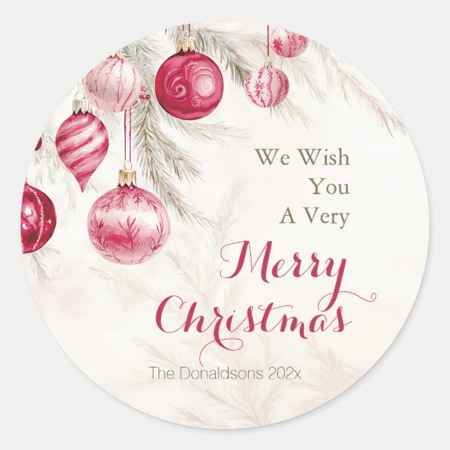 Pegatina Redonda Navidades de los Ornamentos Blancos Rosados (Anverso)
