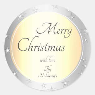 Pegatina Redonda Navidades de lujo con efecto oro y plata con estre