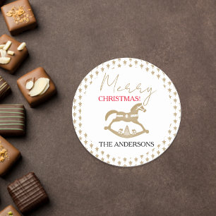 Pegatina Redonda Navidades de madera rodando caballo