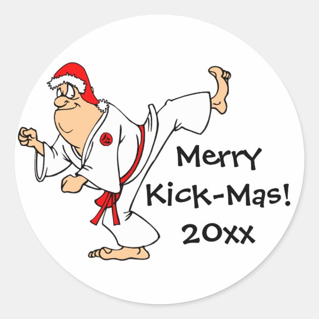 Pegatina Redonda Navidades de Martial Arts Merry Kick-Mas (Anverso)