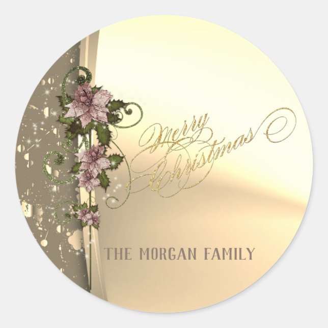 Pegatina Redonda Navidades de moda, Faux Gold, Poinsettia (Anverso)