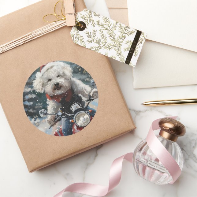 Pegatina Redonda Navidades de motocicletas Bichon Frise Dog Riding (Regalar)