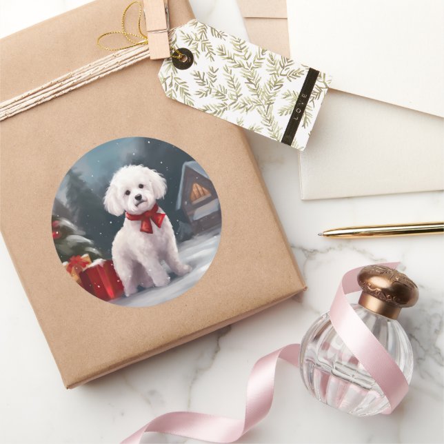 Pegatina Redonda Navidades de Nieve de Bichon Frise Dog (Regalar)