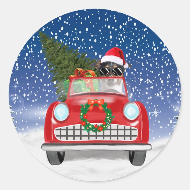 Pegatina Redonda Navidades De Nieve De Jack Russell Perro Conducien (Anverso)