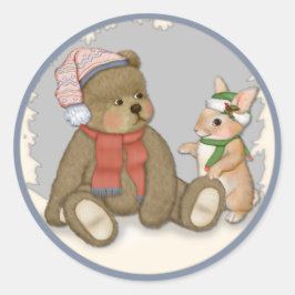 Pegatina Redonda Navidades de nieve Teddy y Bunny