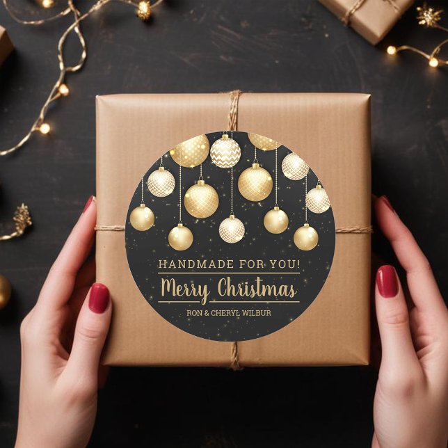 Pegatina Redonda Navidades de oro negro hecho a mano para ti (Black and Gold Christmas Tree Ornaments on Handmade For You  Round Stickers)