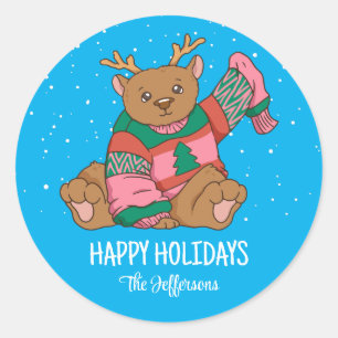 Pegatina Redonda Navidades de oso lindo animal nevan vacaciones de