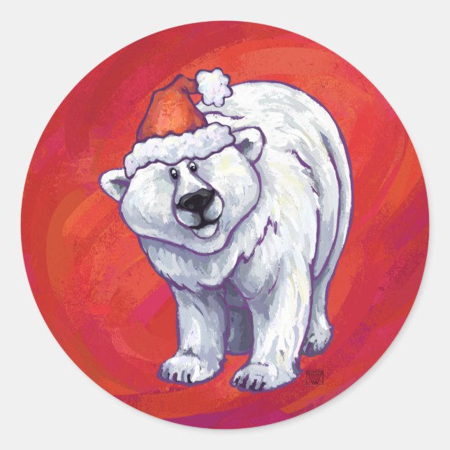 Pegatina Redonda Navidades De Oso Polar En Rojo (Anverso)