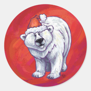 Pegatina Redonda Navidades De Oso Polar En Rojo