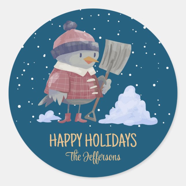Pegatina Redonda Navidades de pájaros pequeños en vacaciones de inv (Anverso)