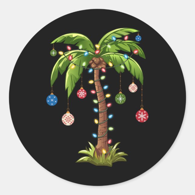 Pegatina Redonda Navidades de palmeras iluminan Navidad tropical ha (Anverso)