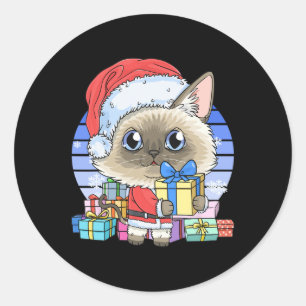 Pegatina Redonda Navidades de Papá Noel y el gato carismático siamé