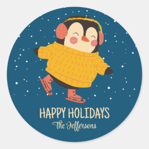 Pegatina Redonda Navidades de patinaje sobre hielo de Pingüino en v