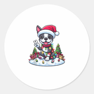 Pegatina Redonda Navidades de Peace Hand Boston Terrier iluminan a
