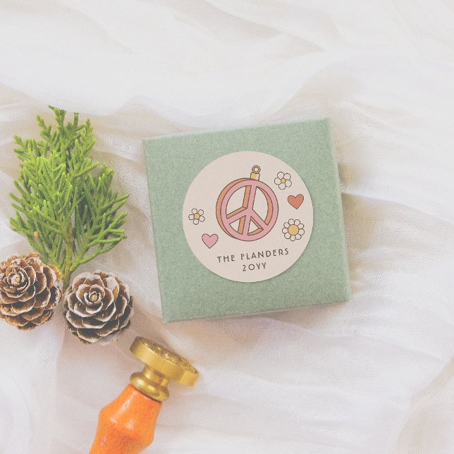 Pegatina Redonda Navidades de Peace & Love Bauble Retro Groovy (Subido por el creador)