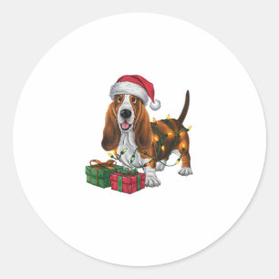 Pegatina Redonda Navidades de perras de Santa Hat Basset Hound