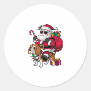 Pegatina Redonda Navidades de Perro Beagle de Santa Riding