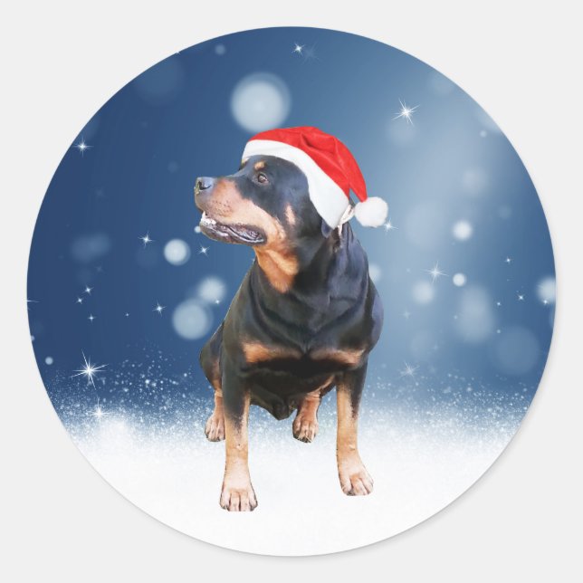Pegatina Redonda Navidades de perro de Cute Rottweiler (Anverso)