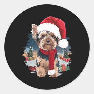 Pegatina Redonda Navidades de perro de Cute Yorkie Santa Hat Scarf 